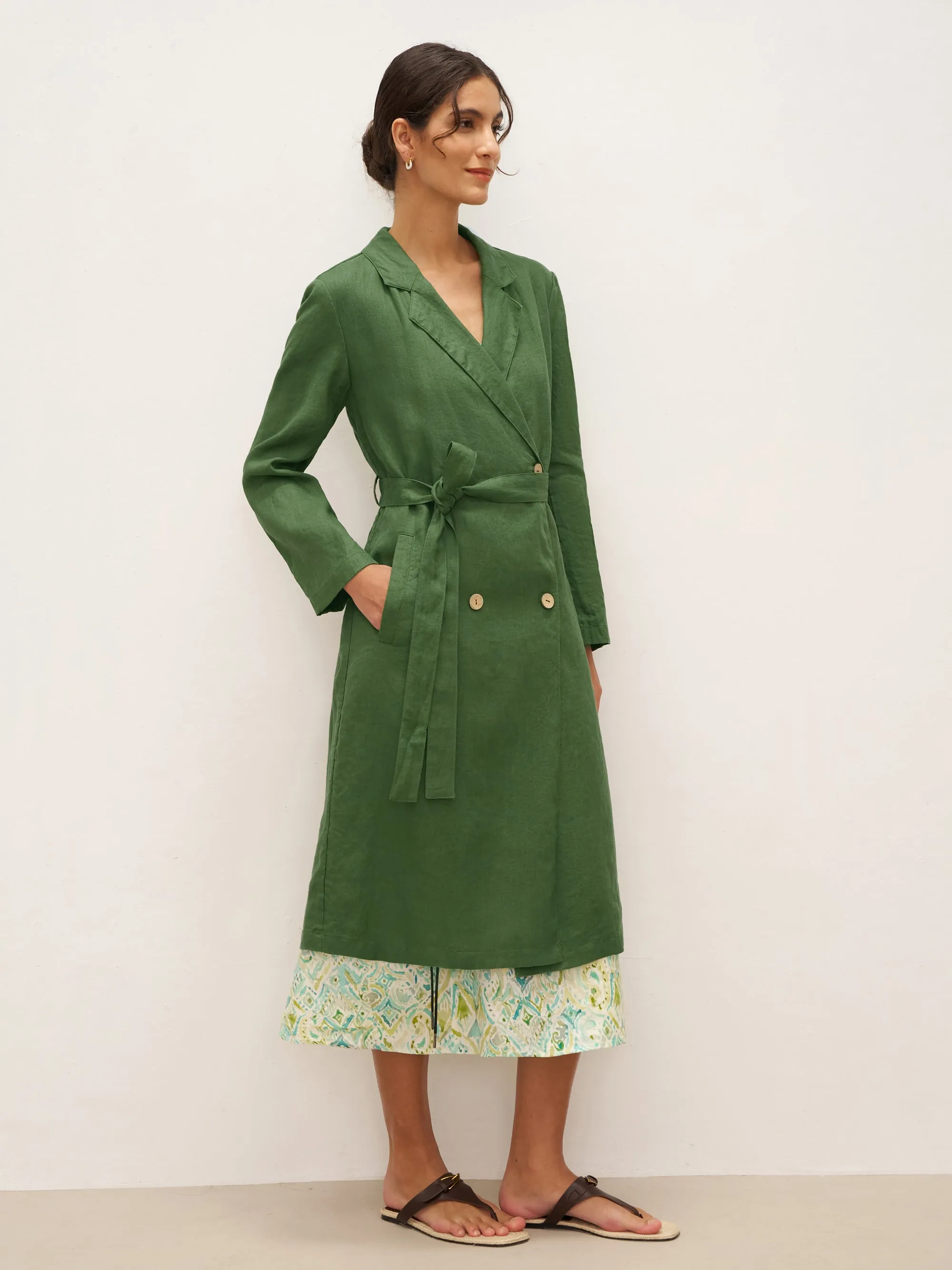 100% Linen Double-Breasted Belted Trench Coat LEILA