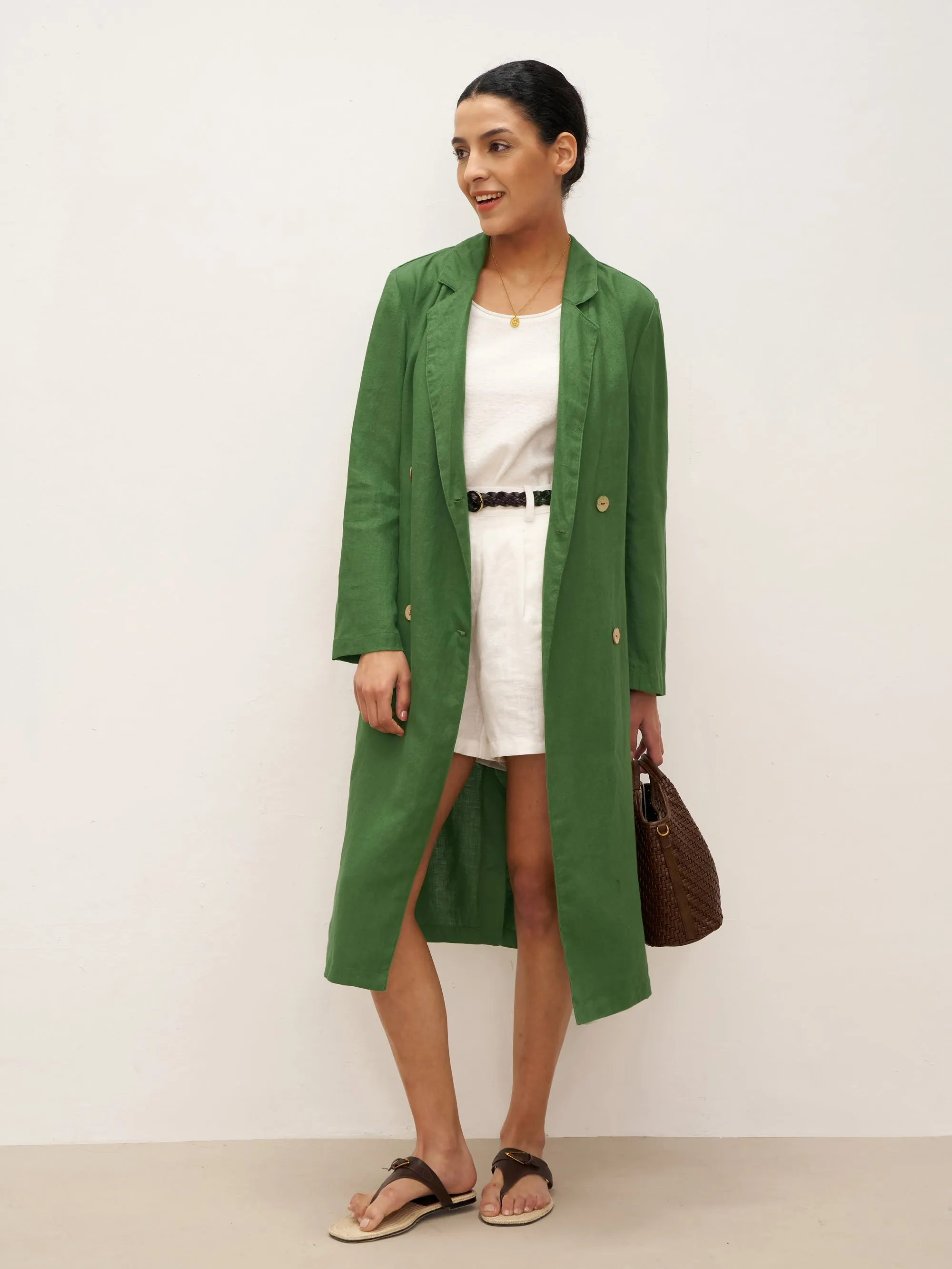 100% Linen Double-Breasted Belted Trench Coat LEILA