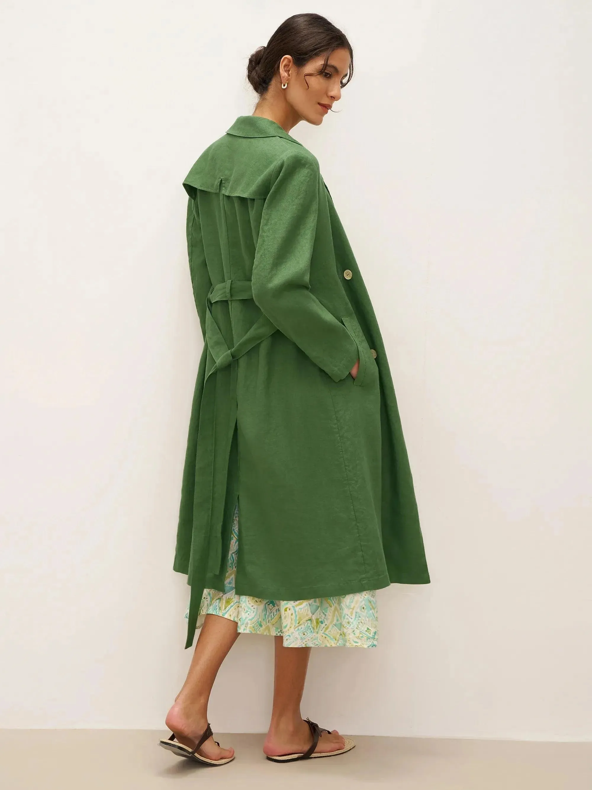 100% Linen Double-Breasted Belted Trench Coat LEILA