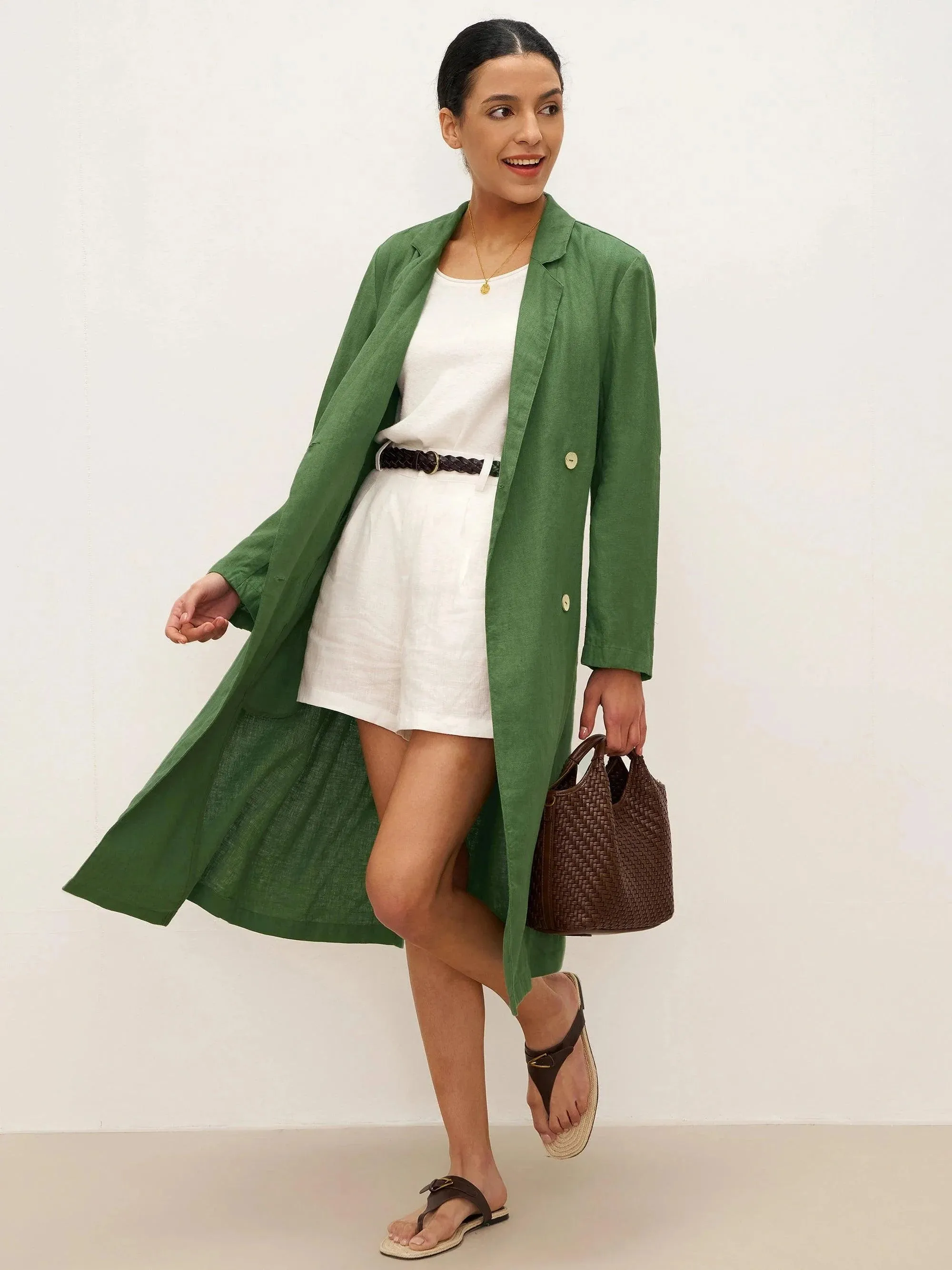100% Linen Double-Breasted Belted Trench Coat LEILA
