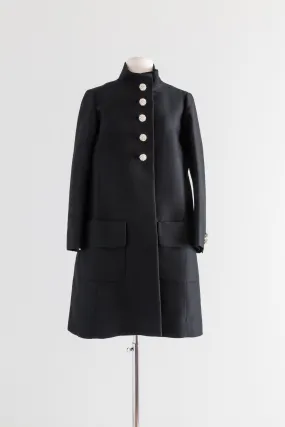 1960's Black Silk Structured Coat From I Magnin With Rhinestone Buttons & Original Tags  / SM