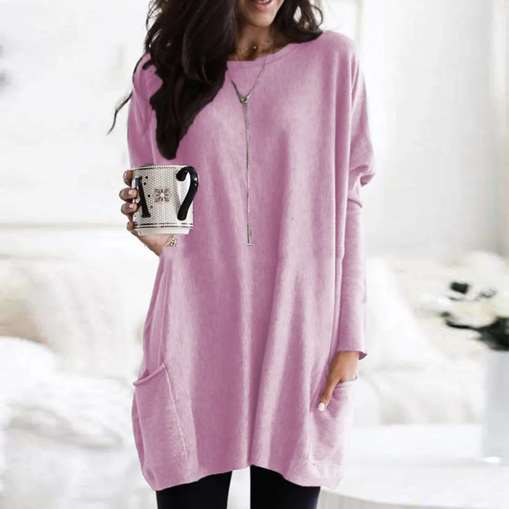 2023 Fall Casual Plus Size Pockets Solid Pullover