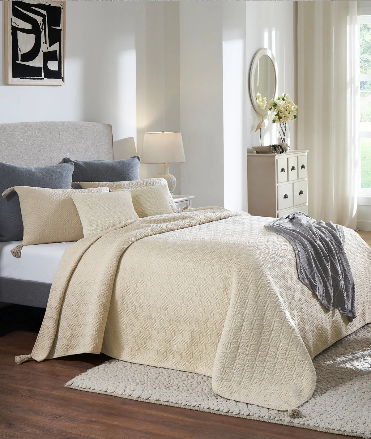 3D Cubic Linen Color 100% Cotton Knitted King Size Bed Cover with 2 Pillow Cover (Set of 3)