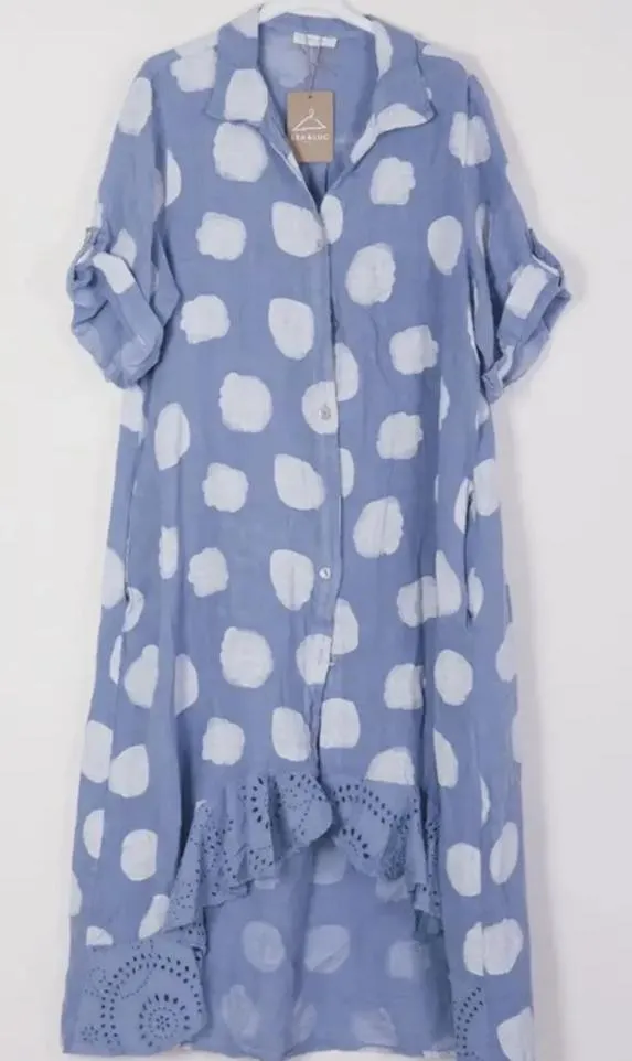 71582 Artsy Dots Long Linen Button Dress