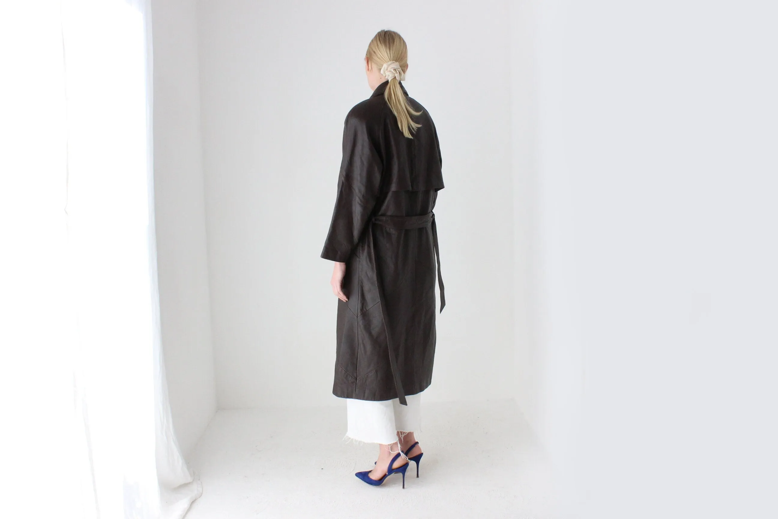 80s Bold Shoulder Chocolate Leather Trench Coat