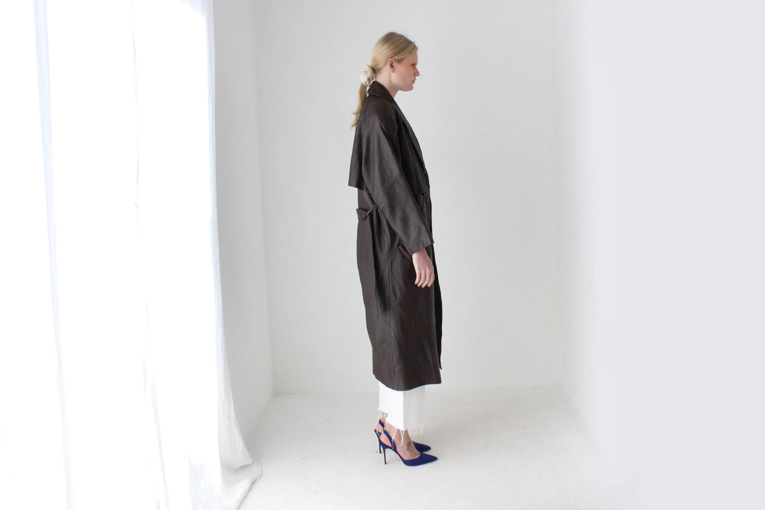 80s Bold Shoulder Chocolate Leather Trench Coat