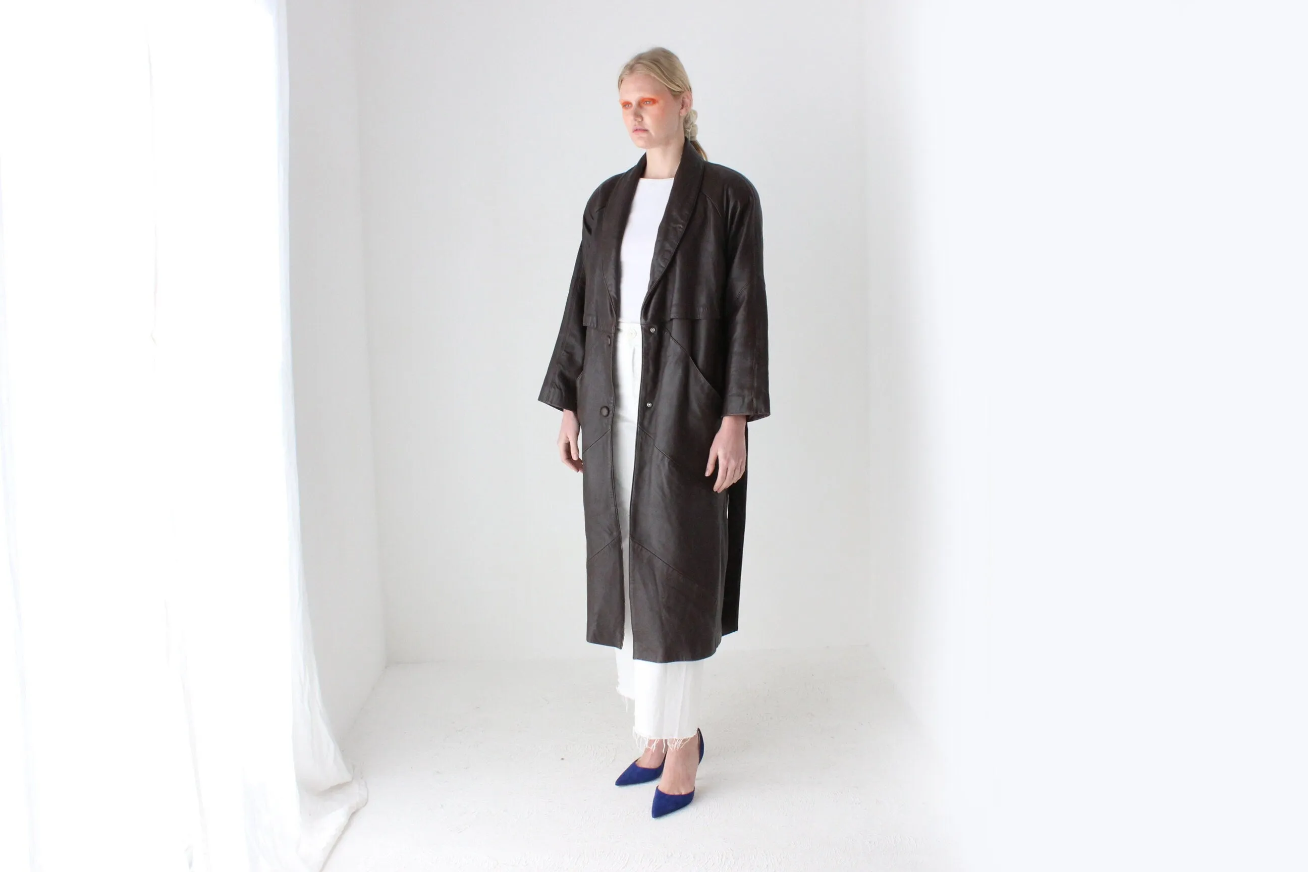 80s Bold Shoulder Chocolate Leather Trench Coat