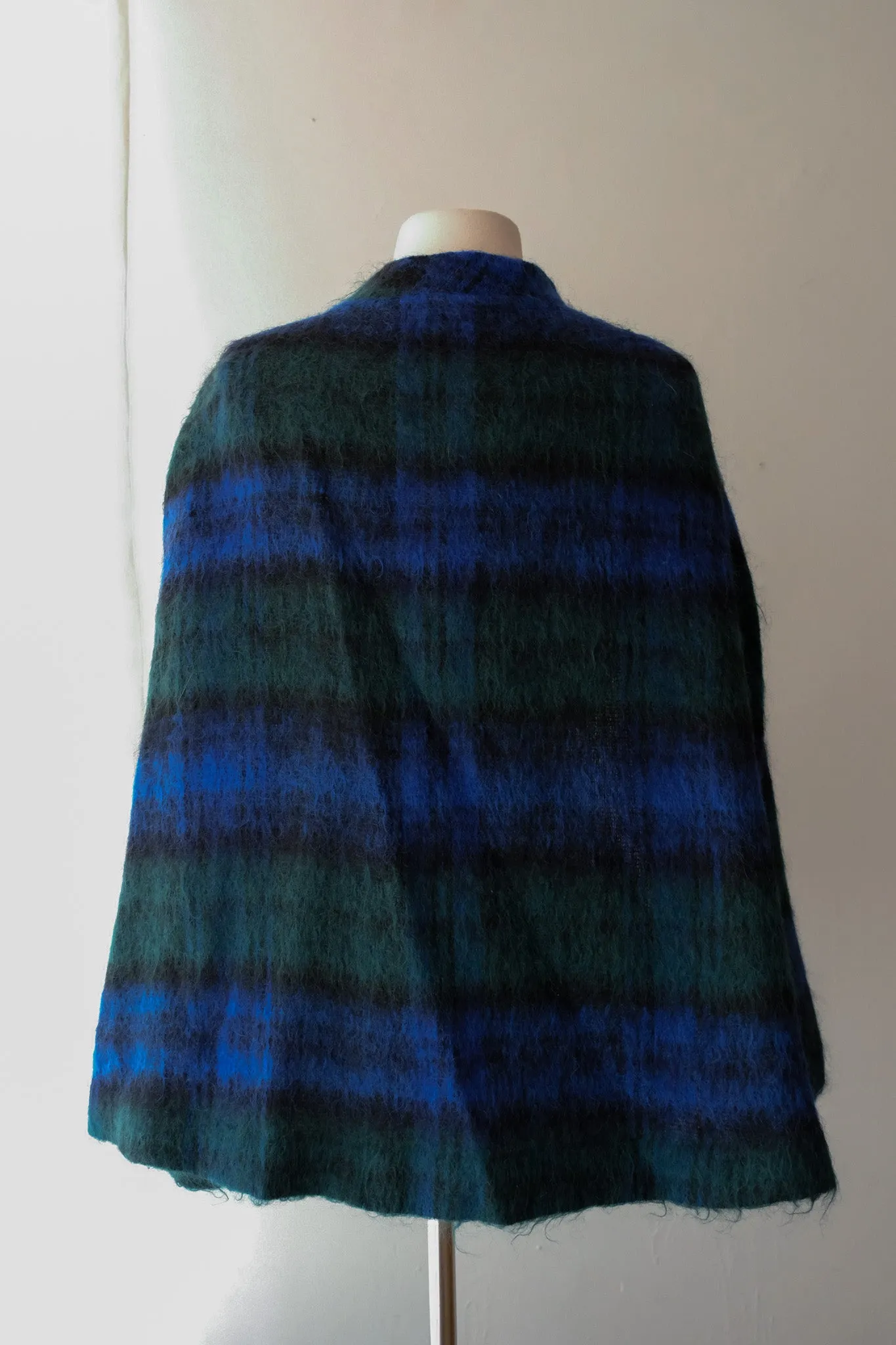 Adorable 1960's Blue and Green Plaid Mohair Made in Scotland Cape / OS