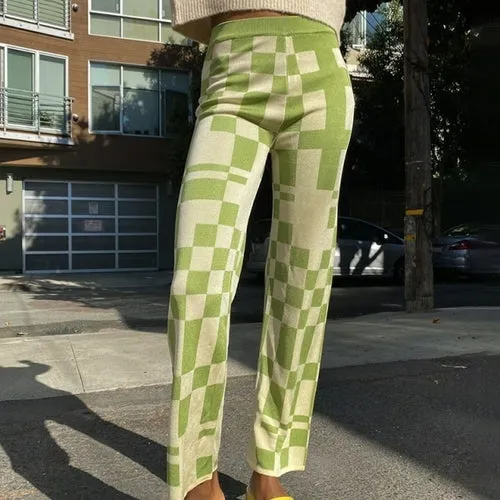Autumn Knit Plaid Pants Black and White Streetwear Vintage Fashion