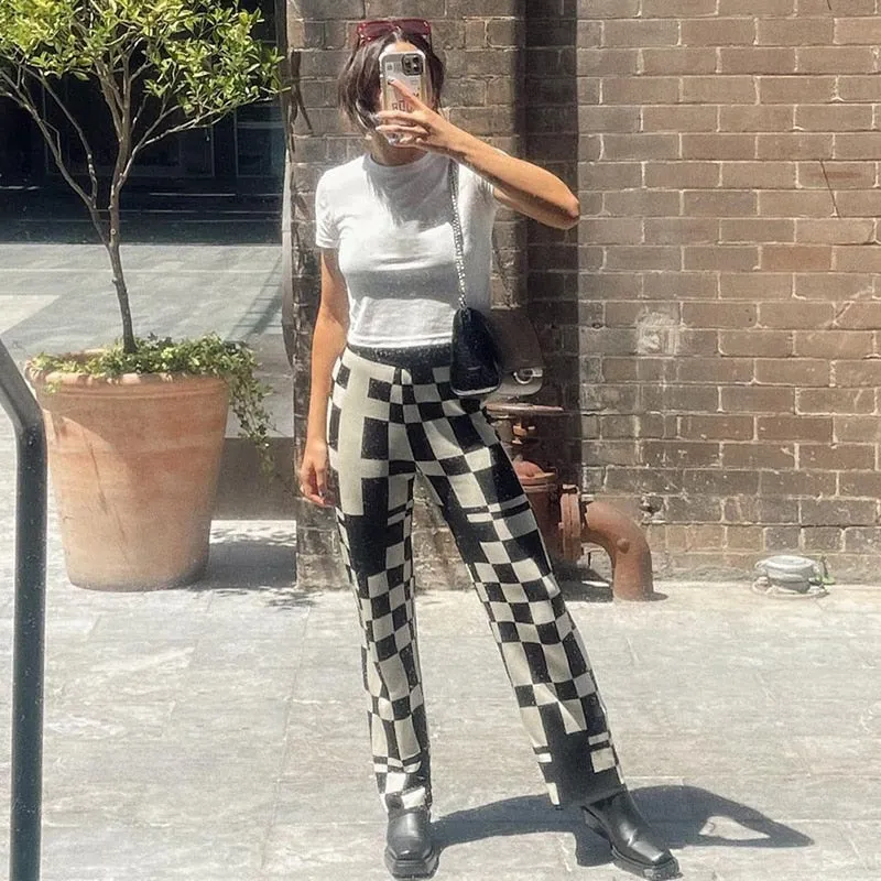 Autumn Knit Plaid Pants Black and White Streetwear Vintage Fashion