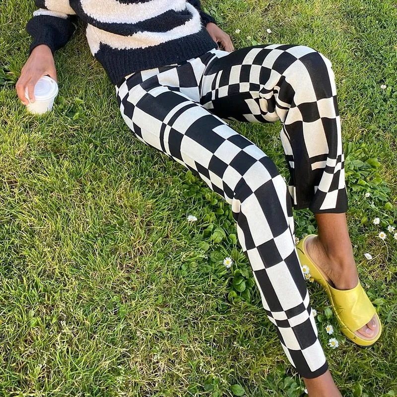 Autumn Knit Plaid Pants Black and White Streetwear Vintage Fashion
