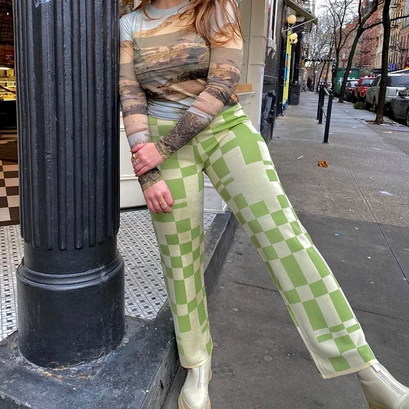 Autumn Knit Plaid Pants Black and White Streetwear Vintage Fashion
