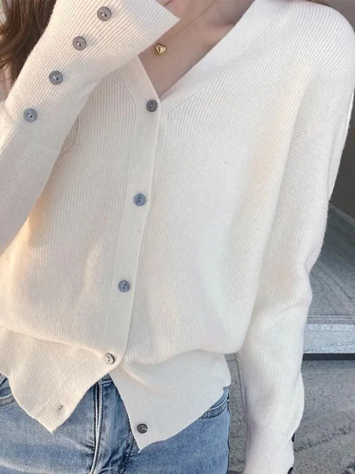 Back To School Sonicelife Solid Color V Neck Button Decor Cardigan