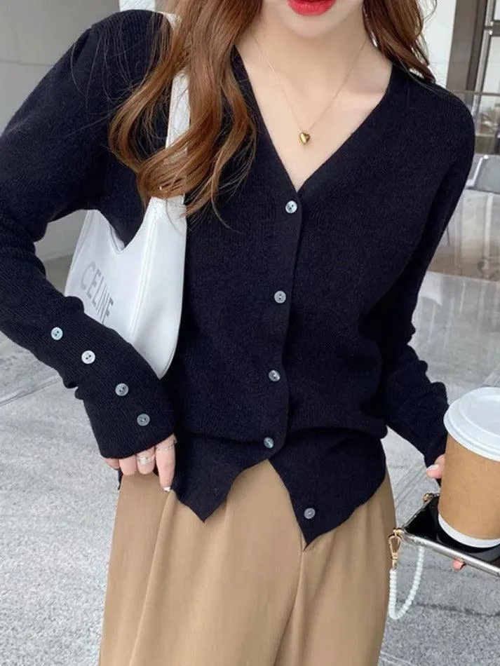 Back To School Sonicelife Solid Color V Neck Button Decor Cardigan