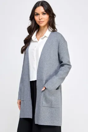 Basic Grey Soft Long Line Open Front Sweater Cardigan