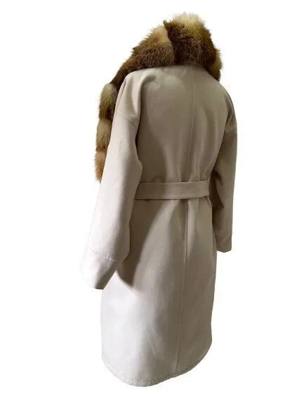 Beige Wrap Elegant Women coat, Long Belted Feminine Overcoat Trim Fox Fur, Woolen blend Coat Wrap