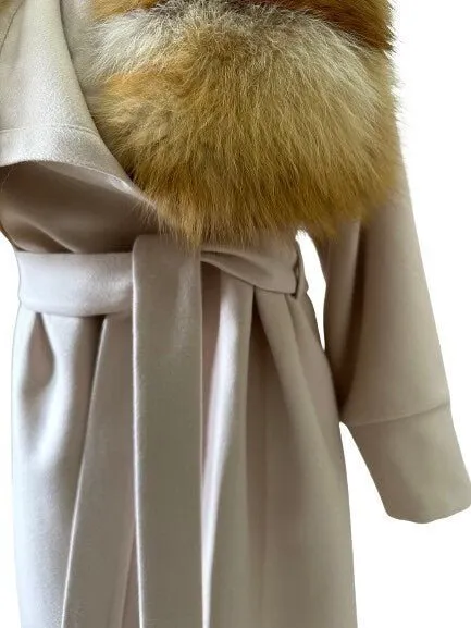 Beige Wrap Elegant Women coat, Long Belted Feminine Overcoat Trim Fox Fur, Woolen blend Coat Wrap