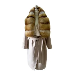 Beige Wrap Elegant Women coat, Long Belted Feminine Overcoat Trim Fox Fur, Woolen blend Coat Wrap
