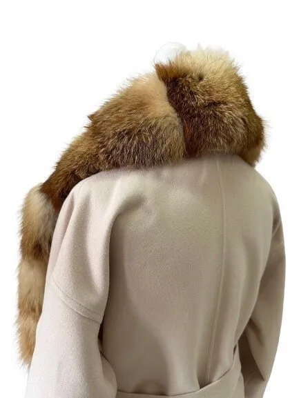 Beige Wrap Elegant Women coat, Long Belted Feminine Overcoat Trim Fox Fur, Woolen blend Coat Wrap