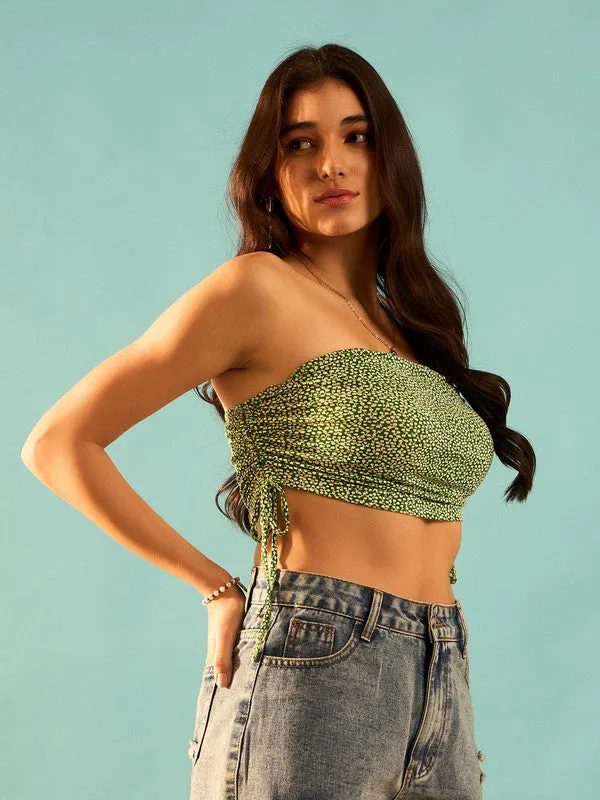 Berrylush Women Green & White Floral Printed Strapless Neck Sleeveless Tie-Up Ruched Crop Tube Top