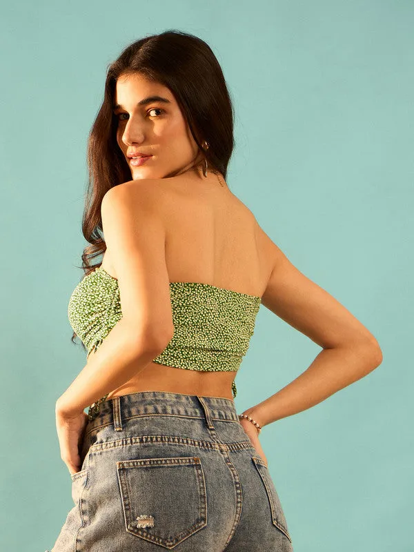 Berrylush Women Green & White Floral Printed Strapless Neck Sleeveless Tie-Up Ruched Crop Tube Top