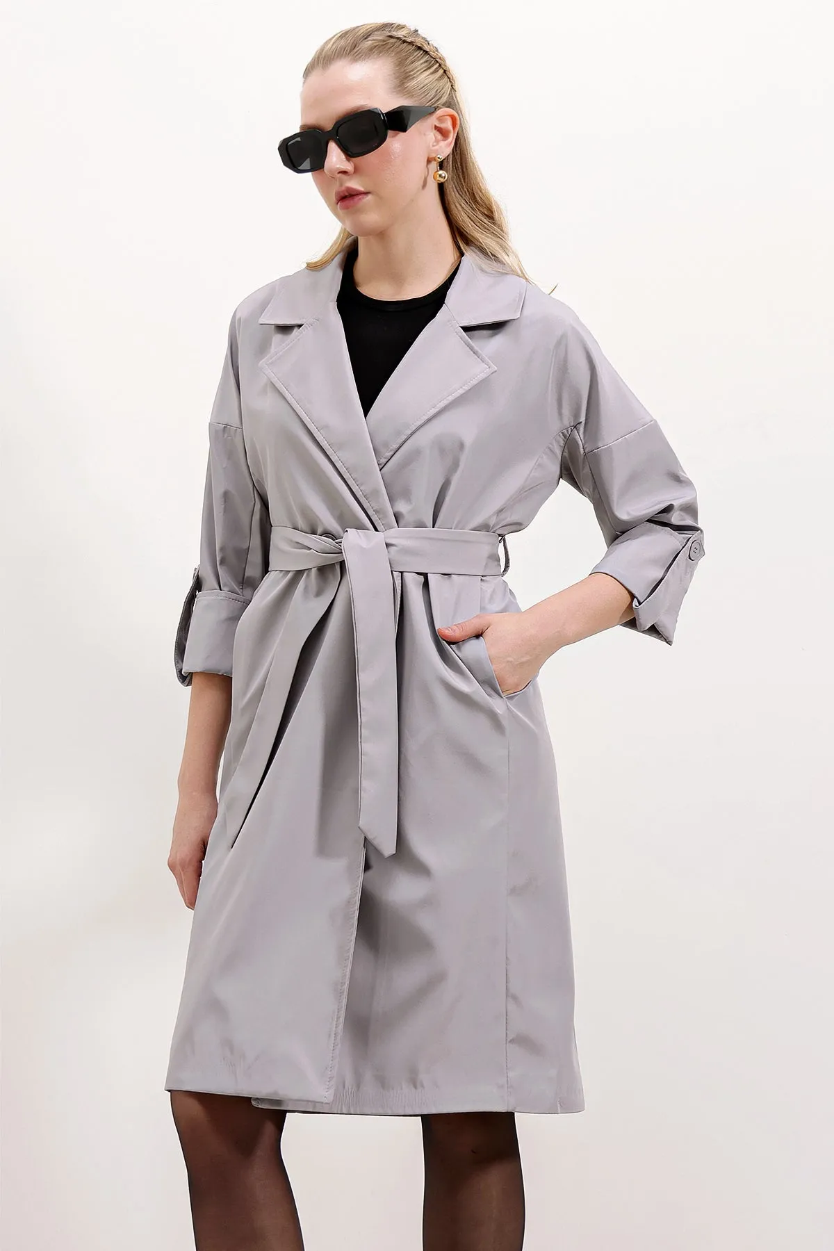 BGD Women Double-Breasted Collar Lined Trench Coat - Grey - Odivelas
