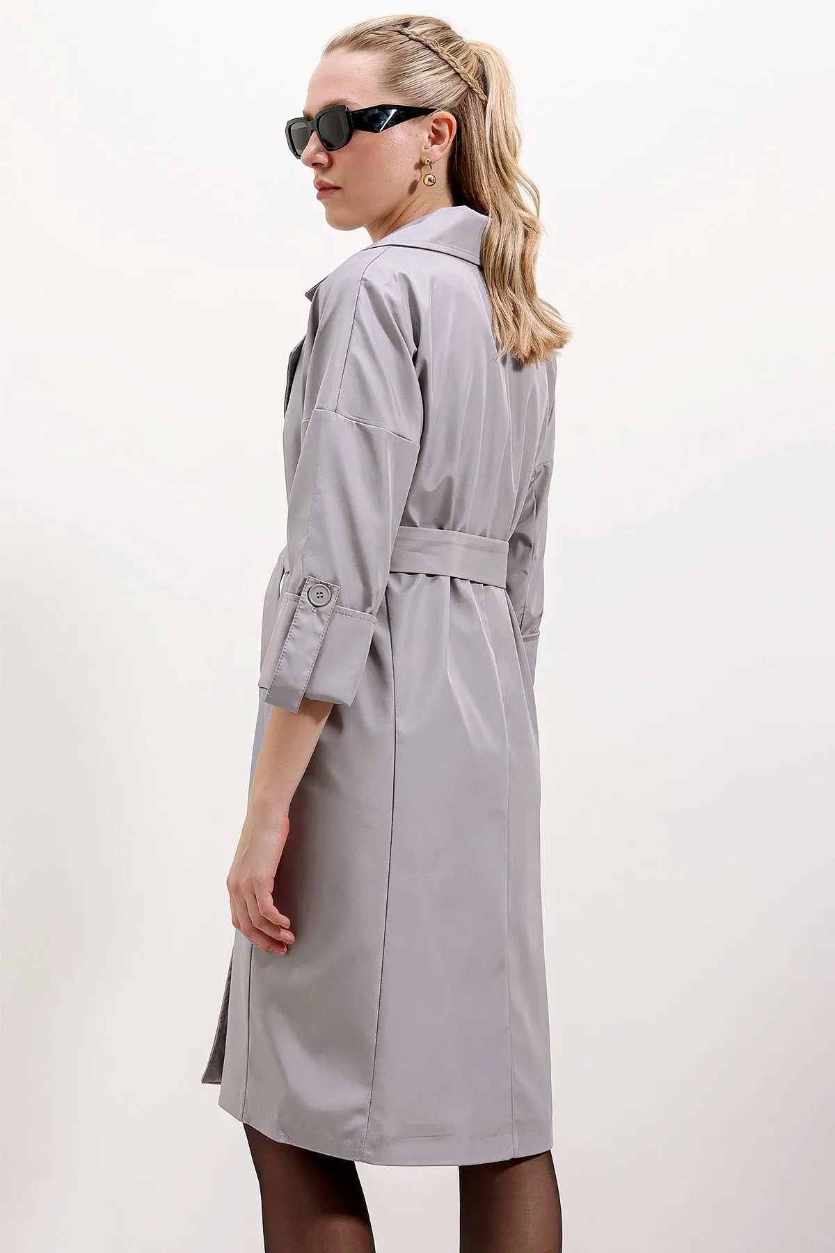 BGD Women Double-Breasted Collar Lined Trench Coat - Grey - Odivelas