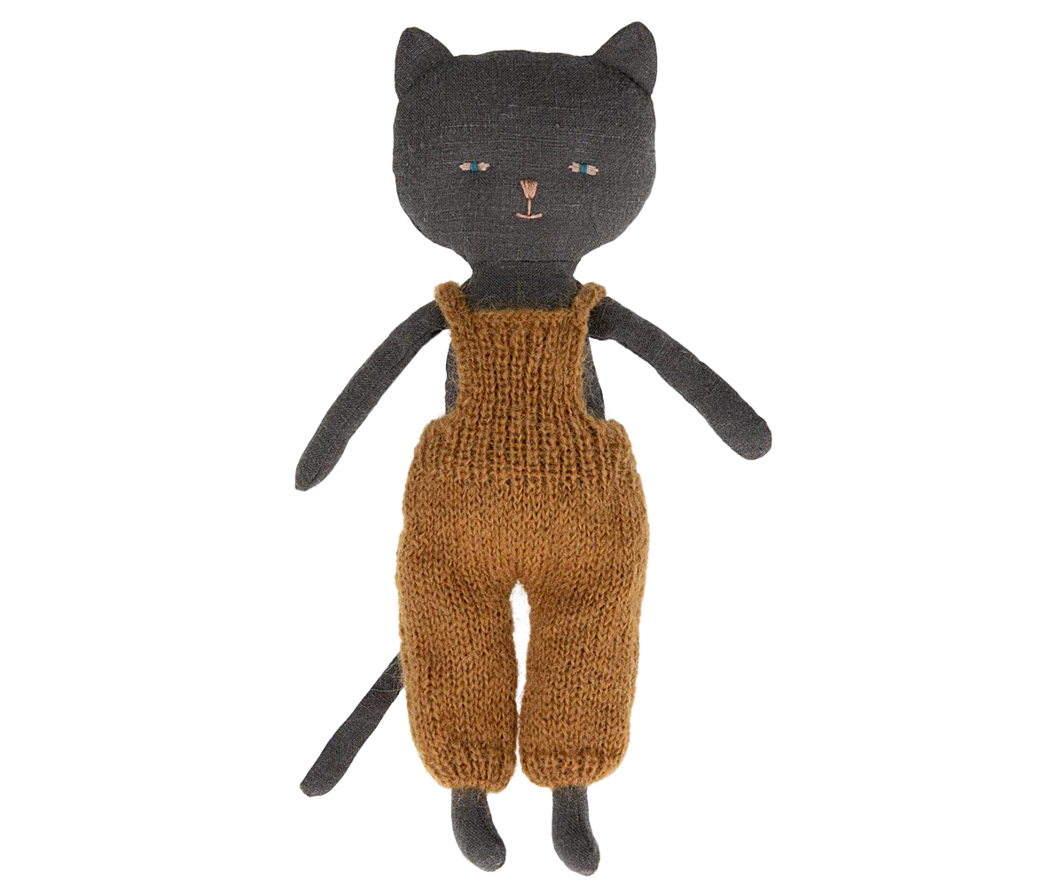 Black Kitten in Orange Overalls