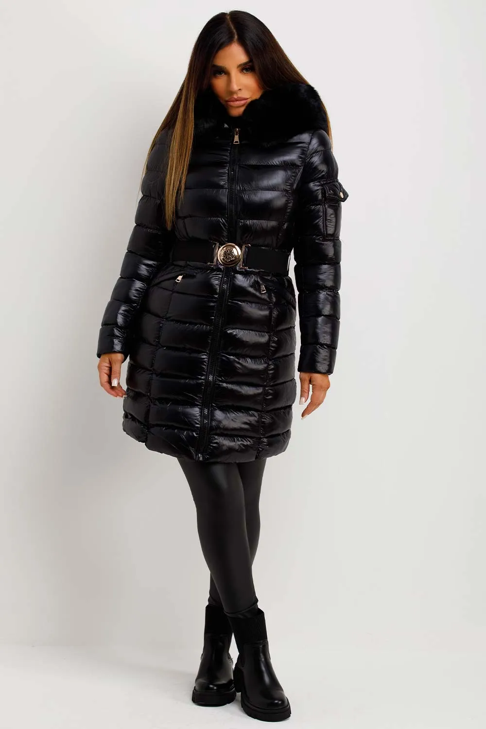 Black Shiny Puffer Coat With Fur Hood