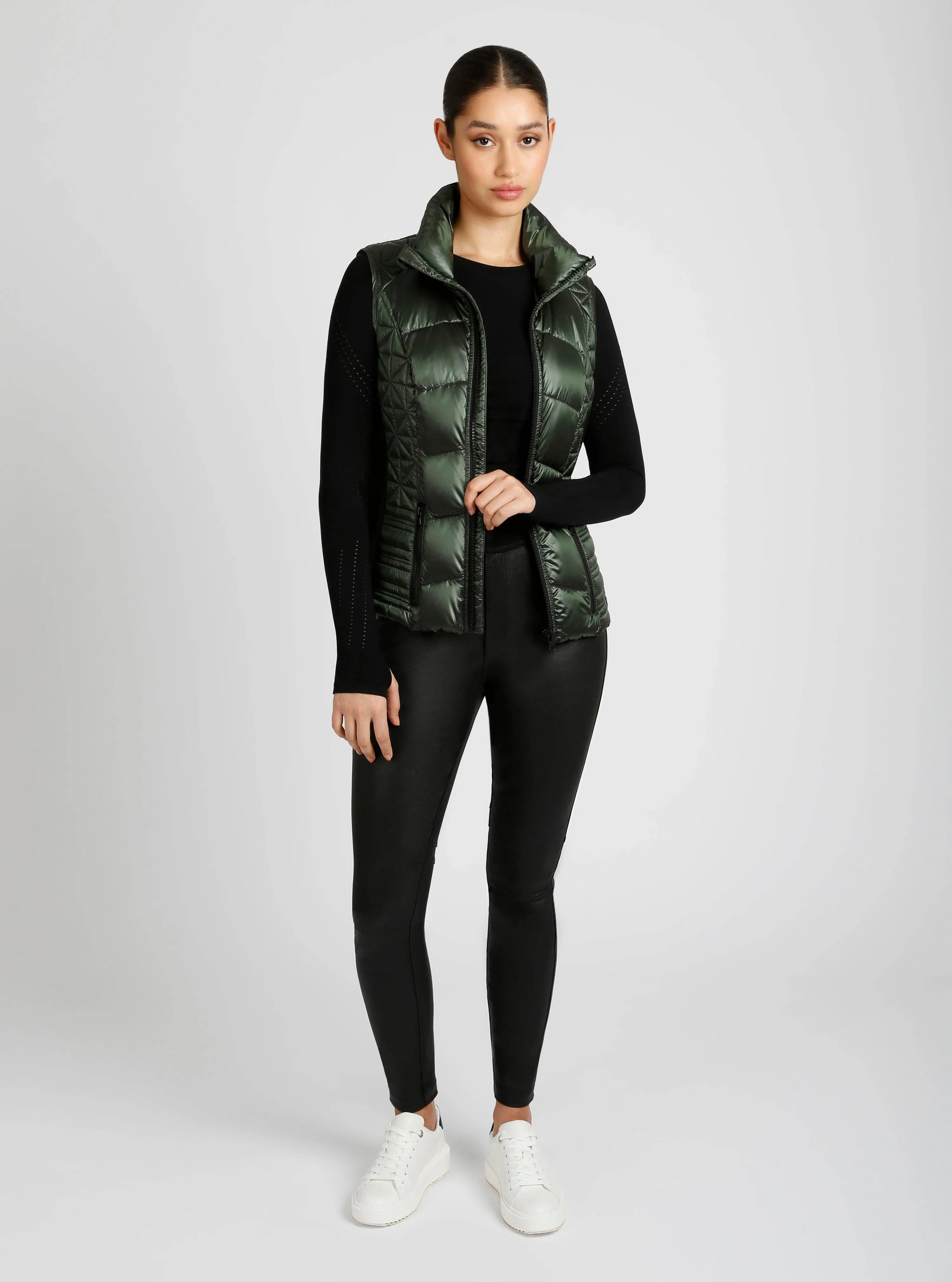 Blanc Noir Packable Shimmer Vest in Sea Kelp Green