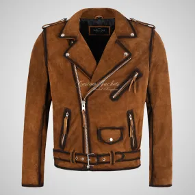 BRANDO Men's Suede Biker Jacket Tan Moto Jacket