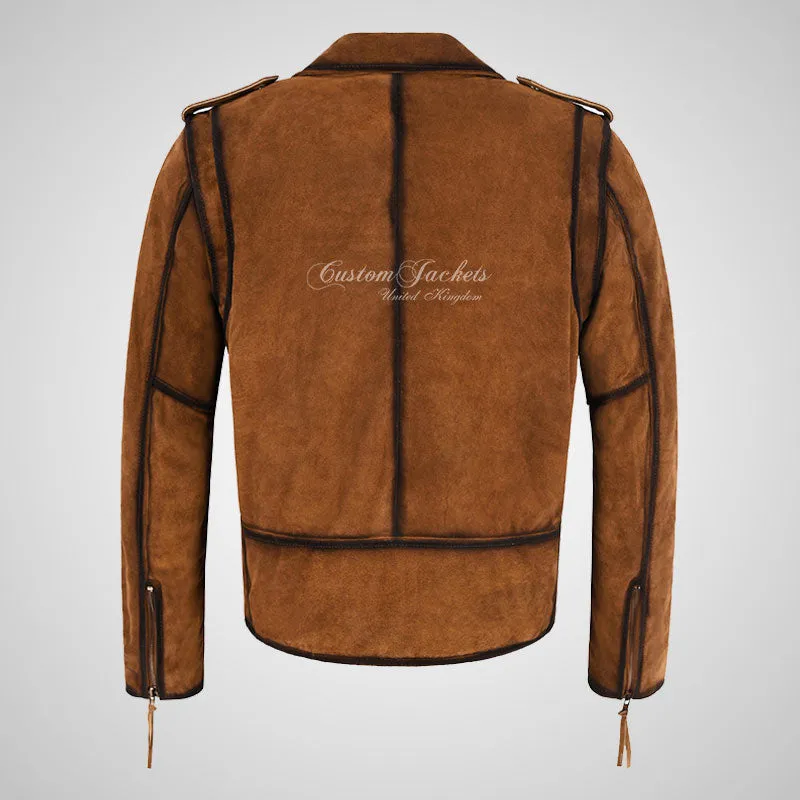 BRANDO Men's Suede Biker Jacket Tan Moto Jacket