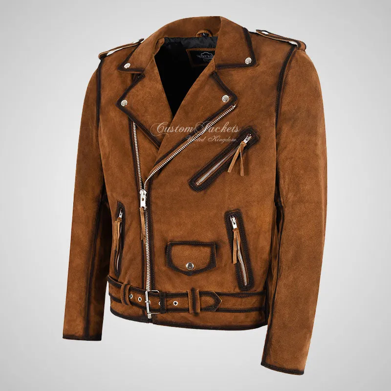 BRANDO Men's Suede Biker Jacket Tan Moto Jacket