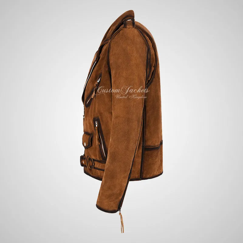 BRANDO Men's Suede Biker Jacket Tan Moto Jacket