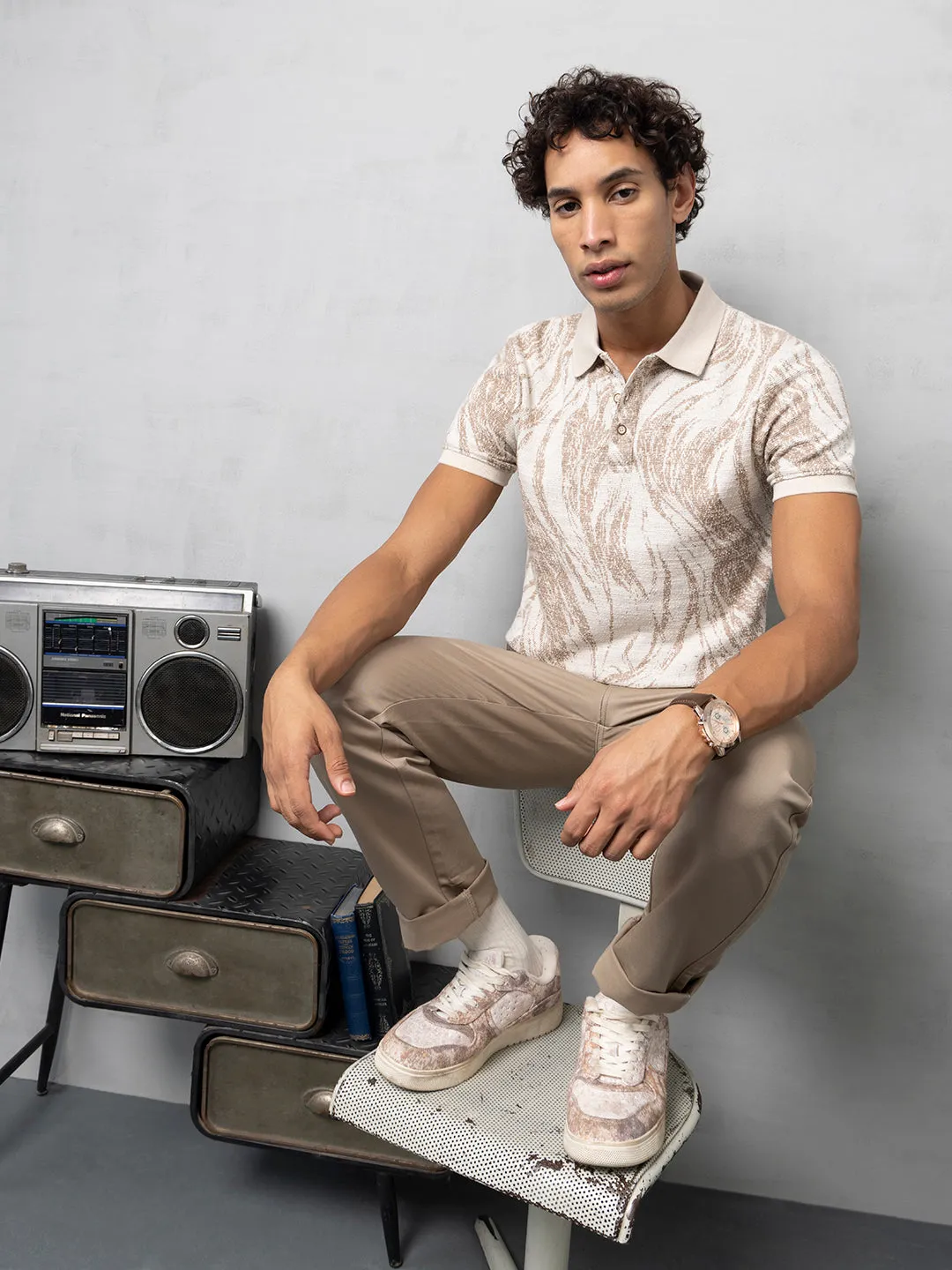 Brown Jacquard Polo T-Shirt