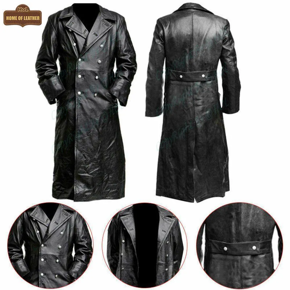 C004: Black German Army Classic Trench Genuine Jacket Real Leather Military Men's Fashion Coat