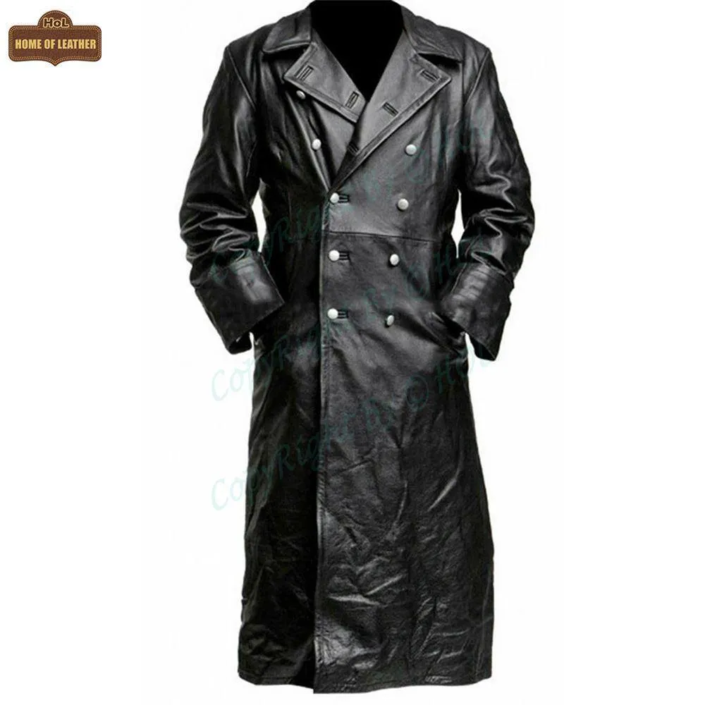 C004: Black German Army Classic Trench Genuine Jacket Real Leather Military Men's Fashion Coat