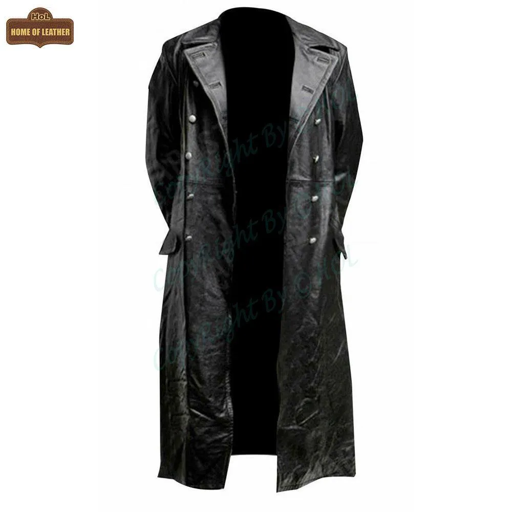C004: Black German Army Classic Trench Genuine Jacket Real Leather Military Men's Fashion Coat