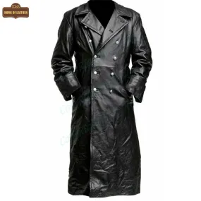 C004: Black German Army Classic Trench Genuine Jacket Real Leather Military Men's Fashion Coat