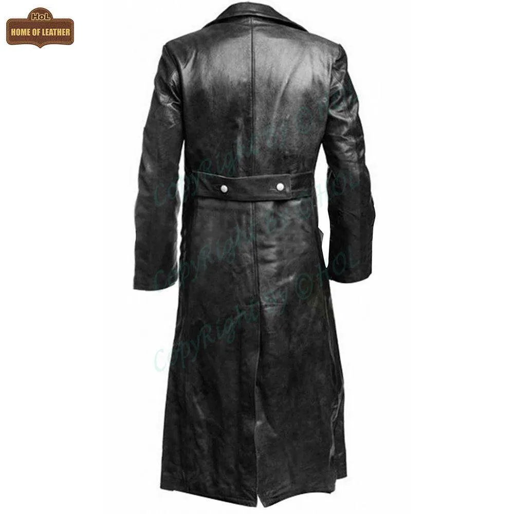C004: Black German Army Classic Trench Genuine Jacket Real Leather Military Men's Fashion Coat