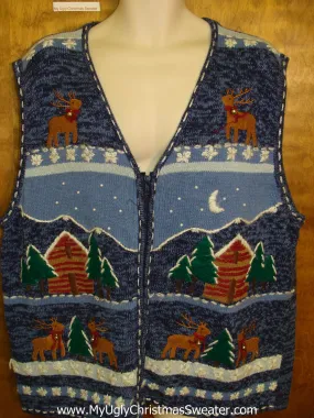 Cabin and Reindeer Themed Ugly Christmas Sweater Vest