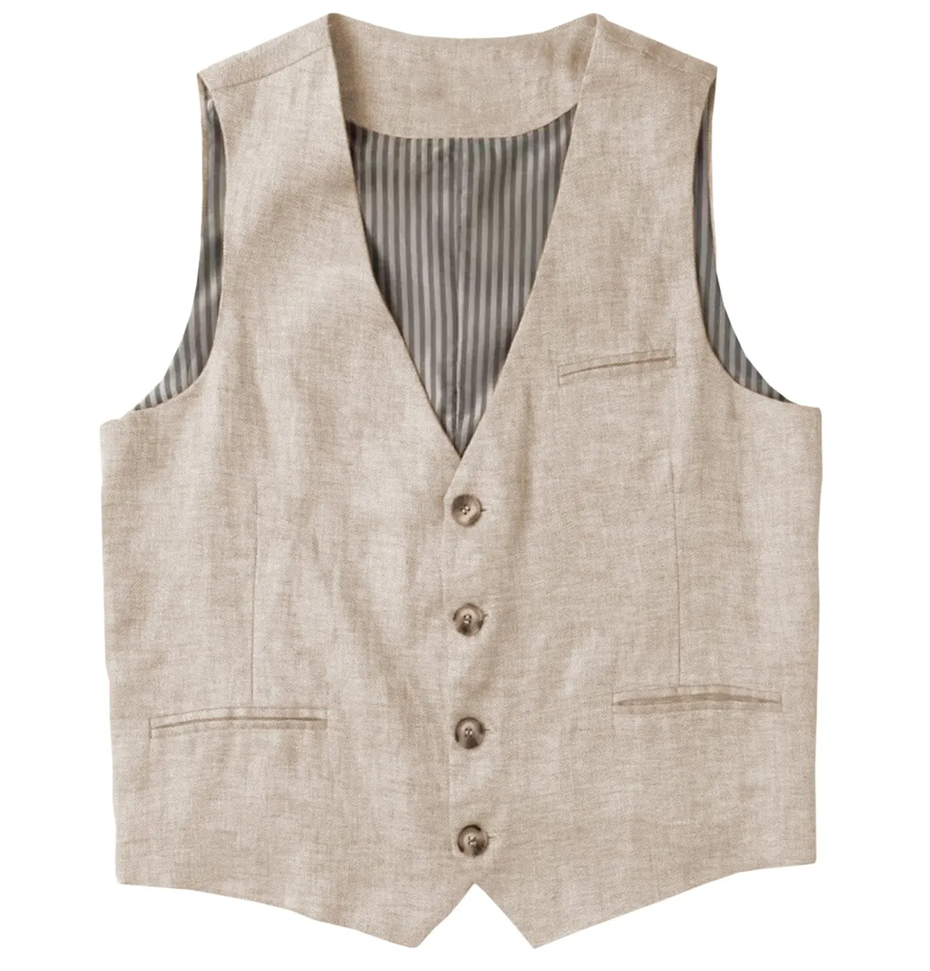 Casual Single Breasted V Neck Linen Mens Vest