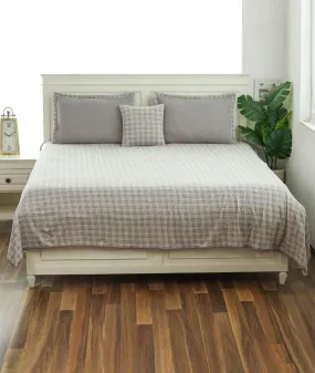Checkerboard Light Grey & Natural Color Cotton Knitted King Size Bed Cover/AC Blanket Set (1 bedcover, 2 Pillow Covers, 1 Cushion Cover)