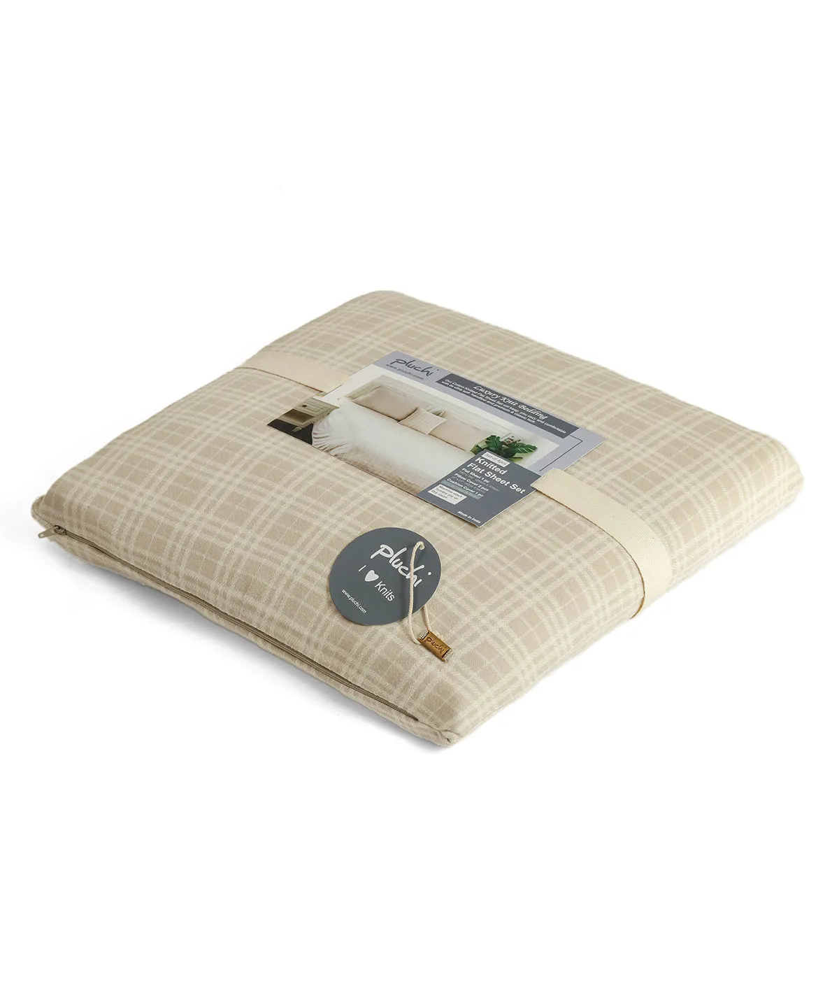 Checkerboard Pale Whisper & Natural Color Cotton Knitted King Size Bed Cover/AC Blanket Set (1 bedcover, 2 Pillow Covers, 1 Cushion Cover)