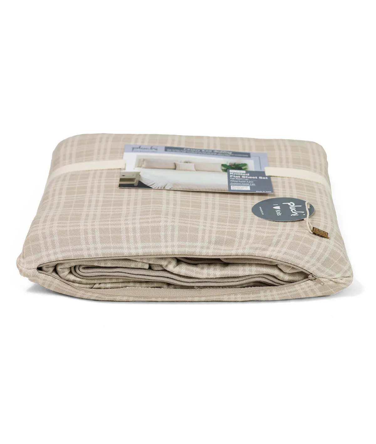 Checkerboard Pale Whisper & Natural Color Cotton Knitted King Size Bed Cover/AC Blanket Set (1 bedcover, 2 Pillow Covers, 1 Cushion Cover)