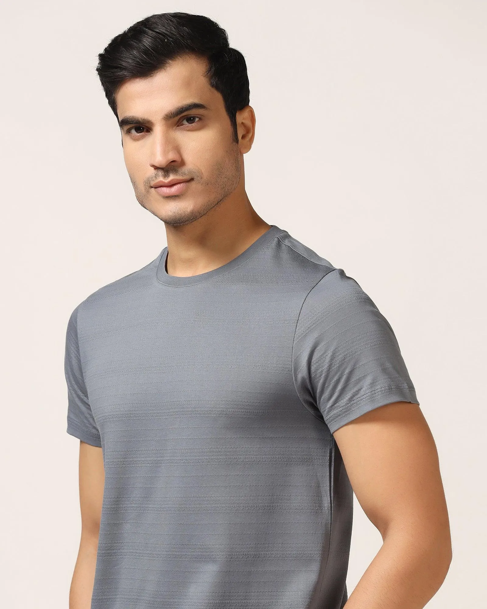 Crew Neck Powder Blue Textured T-Shirt - Velt