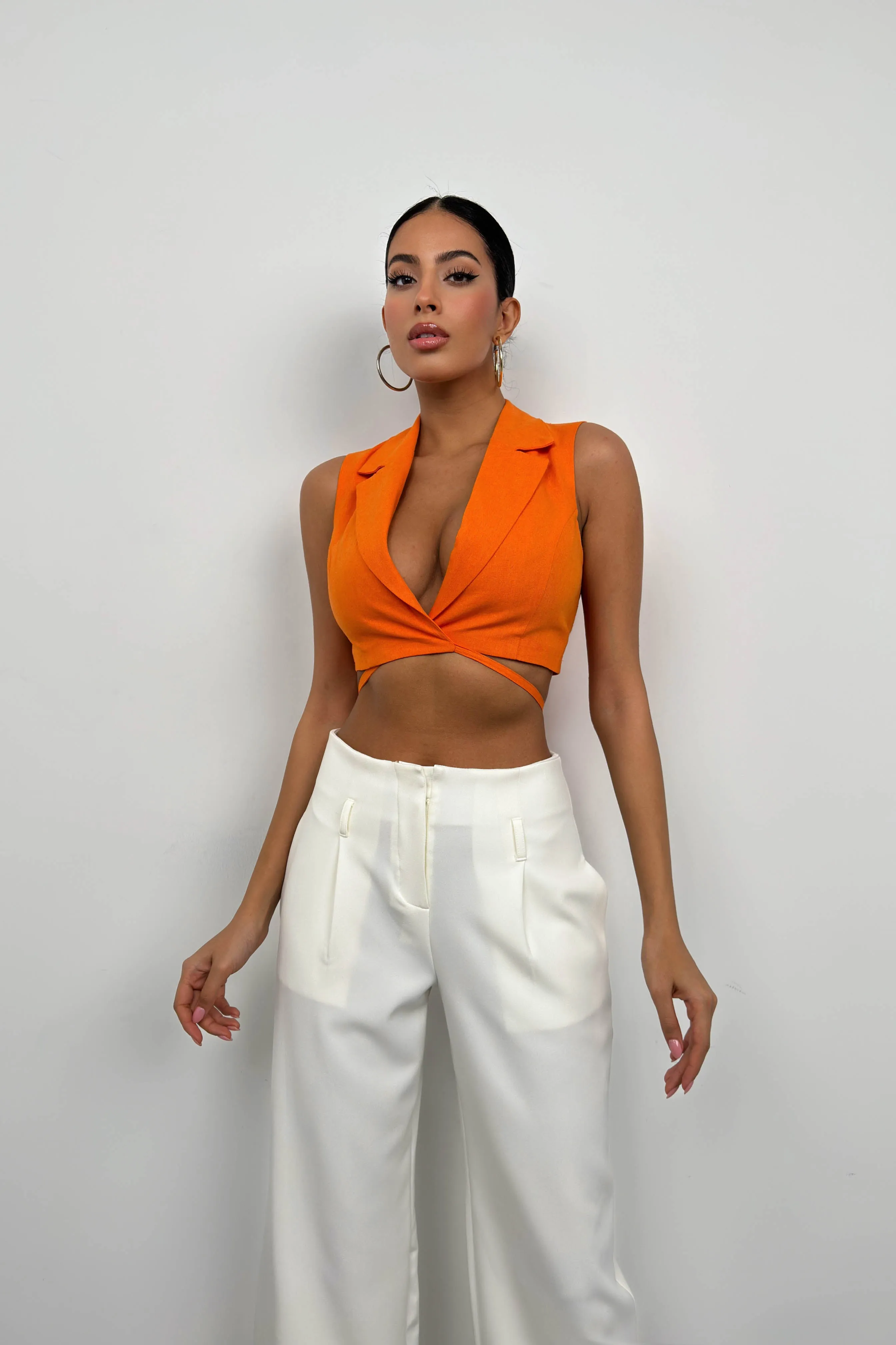 Cropped Linen Vest with Tie Detail