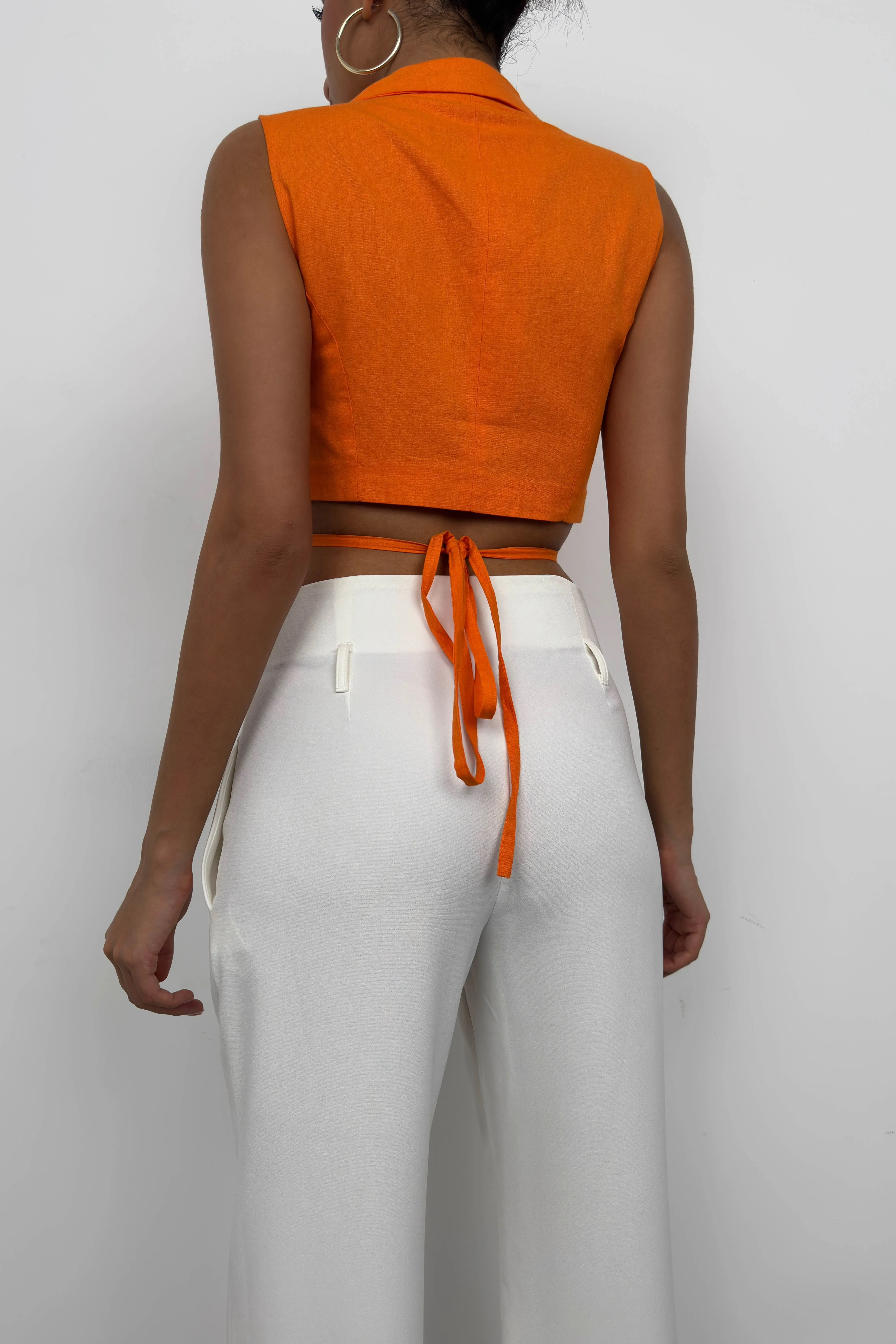 Cropped Linen Vest with Tie Detail