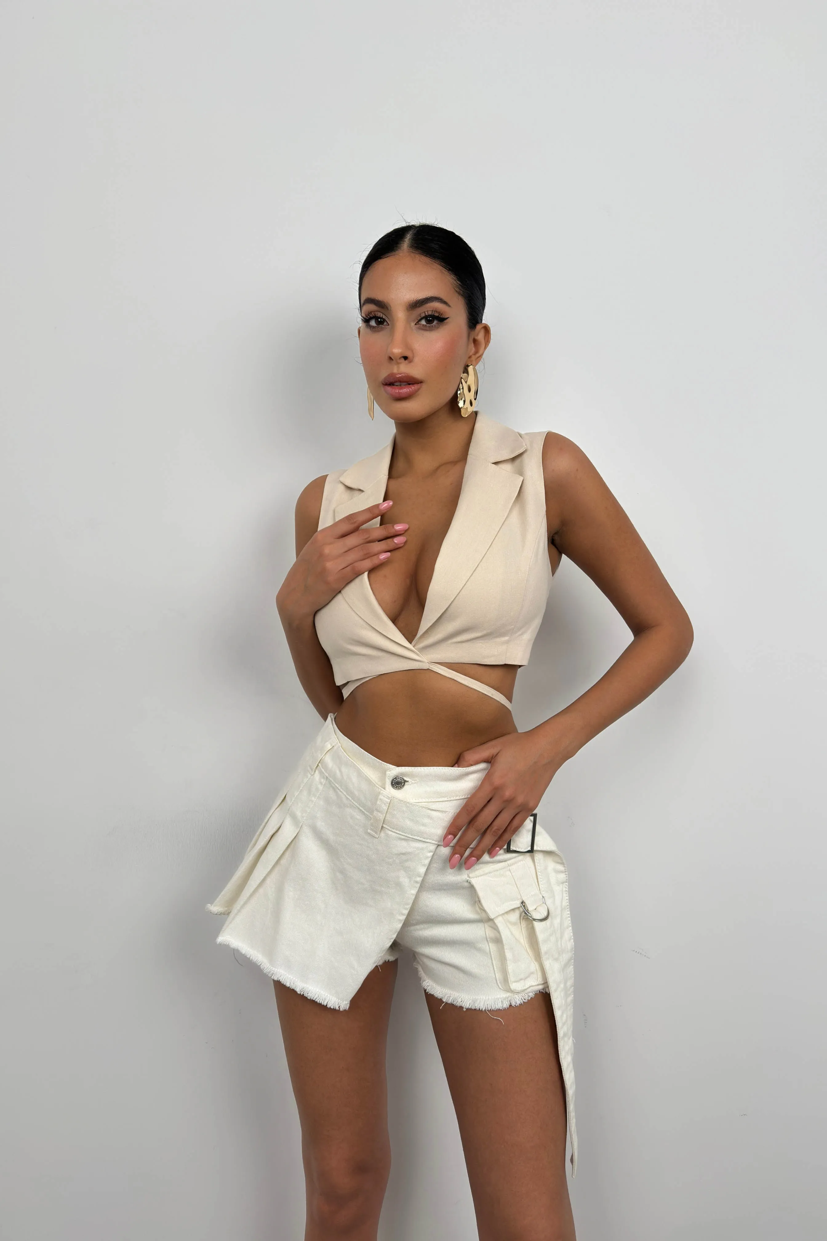 Cropped Linen Vest with Tie Detail