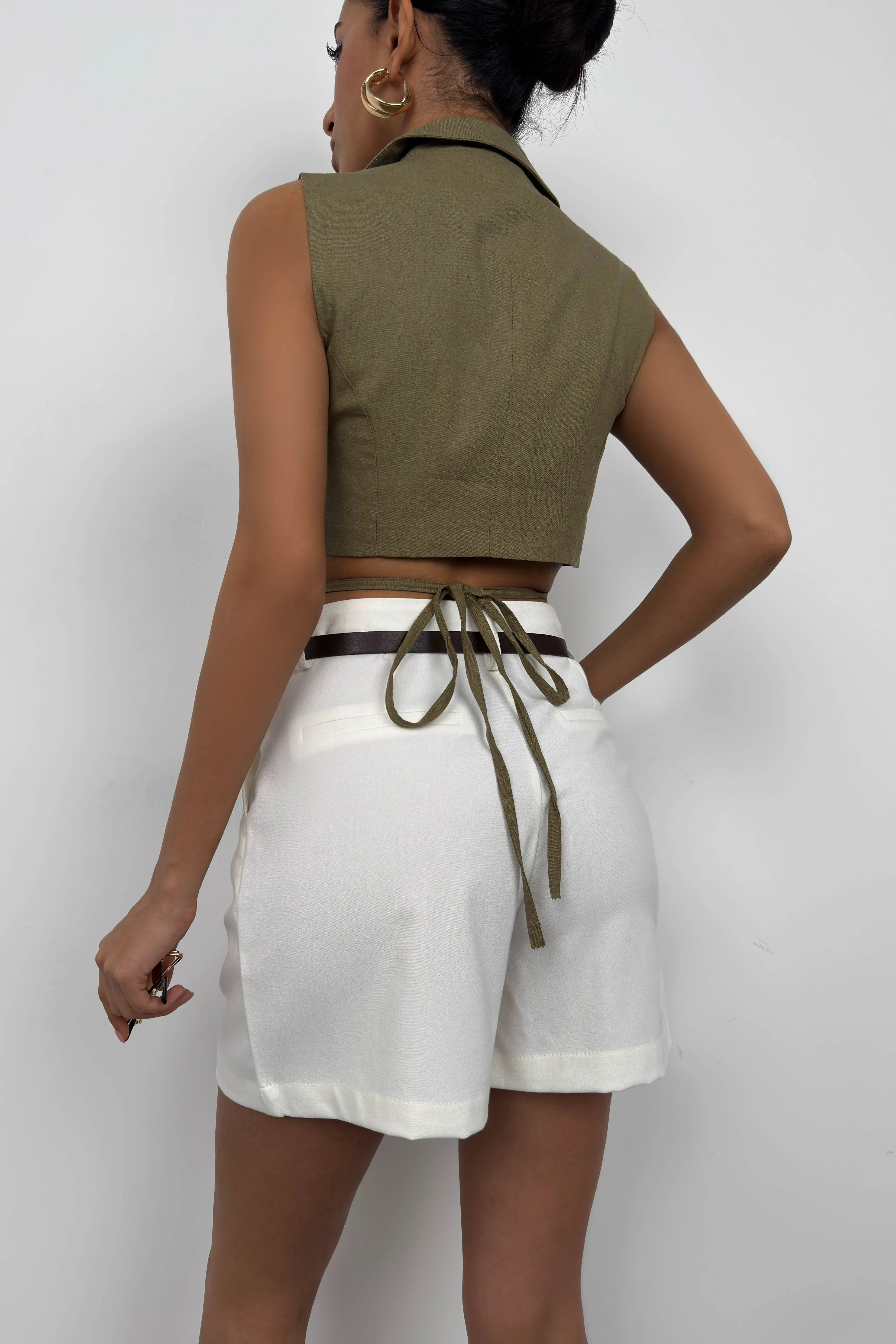 Cropped Linen Vest with Tie Detail